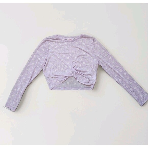 Ginger G Tops - Ginger Mesh Crop Top Front Knot Purple Check Floral Long Sleeve Crewneck L EUC